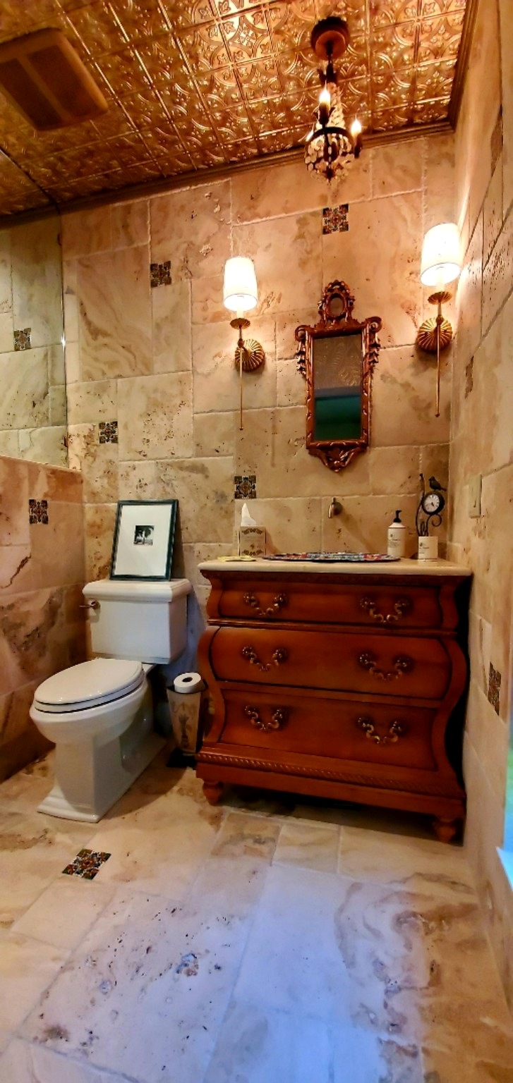 Guest bathroom finished vanity and tile