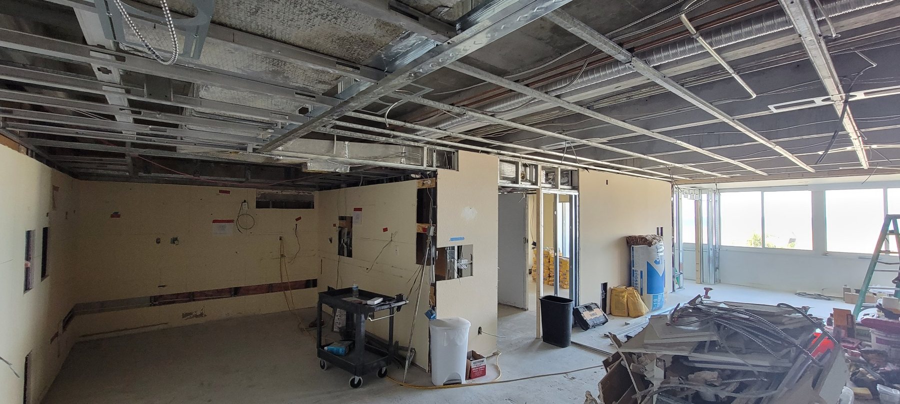 Open ceiling and interior demolition during renovation